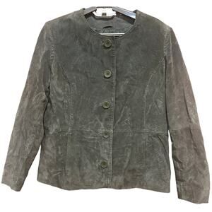 Coldwater Creek Leather Jacket Women Size Petite Large Green Button Up DISCOLOR